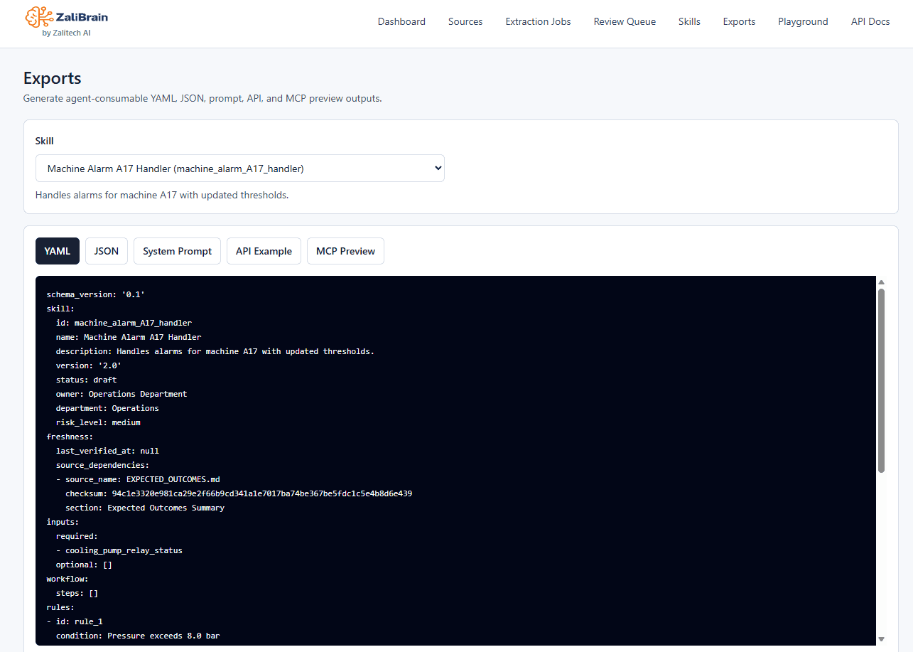 ZaliBrain API & Exports screenshot